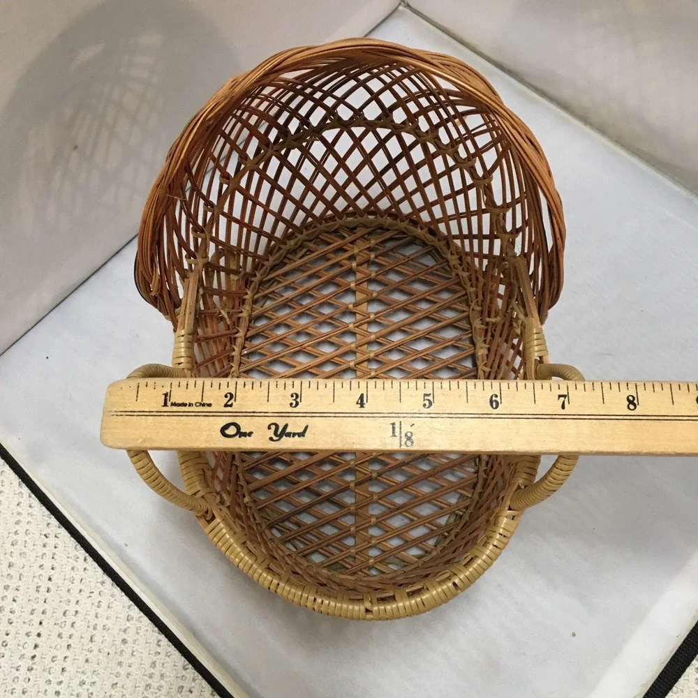 Wicker Doll Bassinet Miniature Small Tan Rattan Hooded Cradle Basket Cottagecore